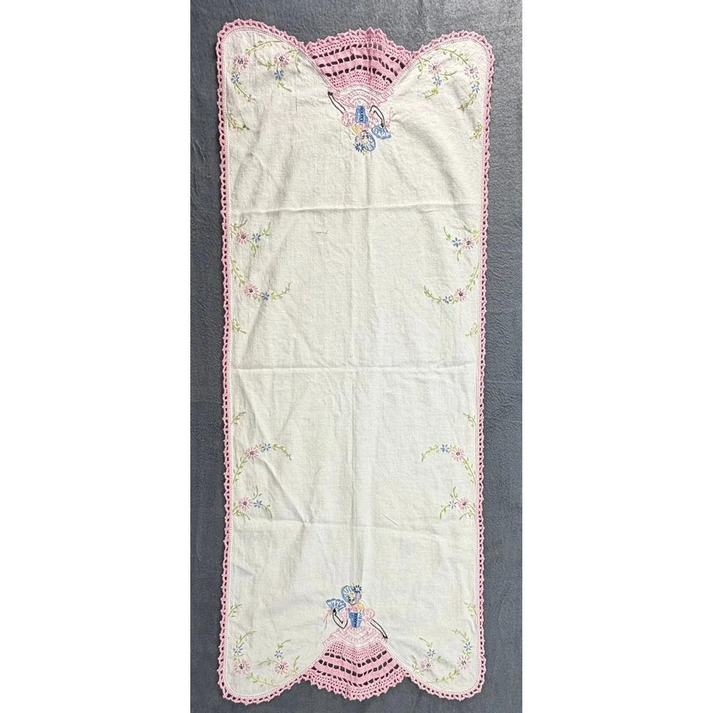1940's Hand Embroidered Crinoline Lady Table Runner Pink Crochet Lace Trim White